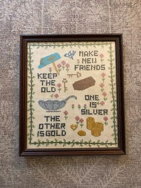 VTG “Make New Friends” Framed Cross Stitch Sampler Girl Scouts Cottagecore